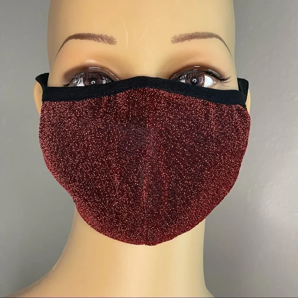 NWOT Shimmery Red Mask With Black Lining And Ear Straps
